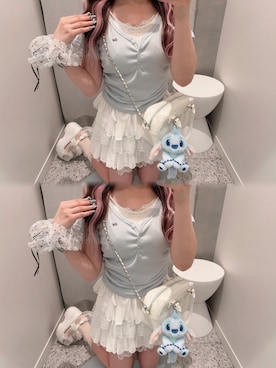 「OLIVE des OLIVE（オリーブデオリーブ）のＳｔｉｔｃｈ　ぬいぐるみチャーム（チャーム、ブルー系）」を使った、ひまりさん（レディース・155cm）の夏コーディネート