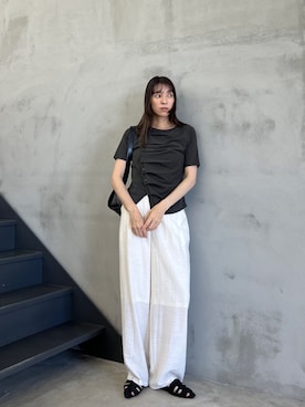 「select MOCA（セレクトモカ）のアシメボタンデザイントップス（Tシャツ/カットソー、グレー系）」を使った、shinoさん（レディース・160cm）の夏コーディネート