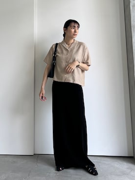 「select MOCA（セレクトモカ）のリネンタッチオープンカラーシャツ（シャツ/ブラウス、ベージュ系）」を使った、shinoさん（レディース・160cm）の夏コーディネート