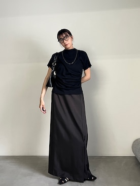 「select MOCA（セレクトモカ）のプチハイサイドドレープトップス（Tシャツ/カットソー、ブラック系）」を使った、shinoさん（レディース・160cm）の夏コーディネート
