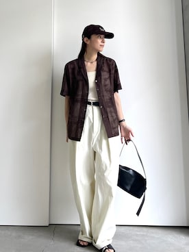 「select MOCA（セレクトモカ）のパッチワークエンブロイダリーハーフシャツジャケット【セットアップ可】（シャツ/ブラウス、ブラウン系）」を使った、shinoさん（レディース・160cm）の夏コーディネート