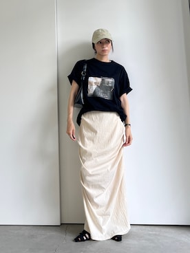 「select MOCA（セレクトモカ）のシンプルロゴキャップ（キャップ、ベージュ系）」を使った、shinoさん（レディース・160cm）の夏コーディネート