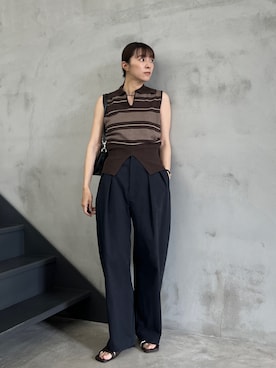 「select MOCA（セレクトモカ）のドロップデザインマルチボーダーノースリーブニット（ニット/セーター、ブラウン系）」を使った、shinoさん（レディース・160cm）の春コーディネート