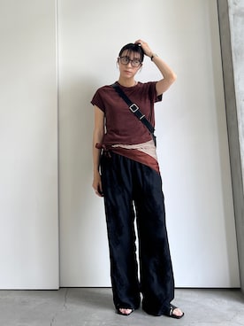 「select MOCA（セレクトモカ）のベーシックパイルTシャツ（Tシャツ/カットソー、ブラウン系）」を使った、shinoさん（レディース・160cm）の夏コーディネート