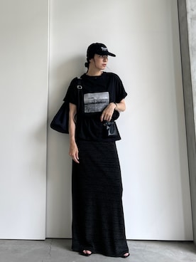 「select MOCA by son（セレクトモカバイソン）の【選べる】1.8万枚突破！アソートプリントオーバーサイズTシャツ（Tシャツ/カットソー、ブラック系）」を使った、shinoさん（レディース・160cm）の夏コーディネート