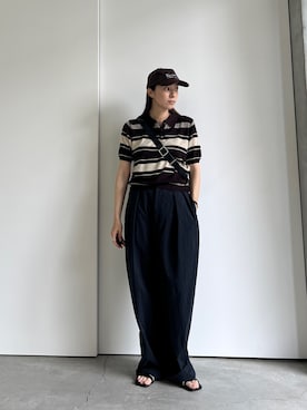 「select MOCA（セレクトモカ）のマルチボーダーポロニット（ニット/セーター、ブラウン系）」を使った、shinoさん（レディース・160cm）の夏コーディネート