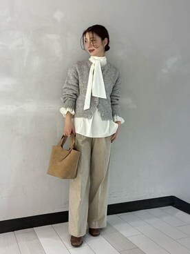 「UNTITLED（アンタイトル）の【ワイド/後ろゴム/シーズンレス】シルクネップツイードパンツ（Pants、ベージュ系）」を使った、Rinさん（レディース・157cm）の冬コーディネート