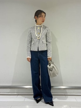 「UNTITLED（アンタイトル）の【ハイネック/レイヤード/重ね着におすすめ】トリコットベロア シアーインナー（T Shirts、ホワイト系）」を使った、Rinさん（レディース・157cm）の秋コーディネート