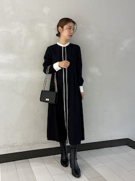 「UNTITLED（アンタイトル）の【洗える/前開き/フォーマル】バイカラー ワンピース（One piece dress、ブラック系）」を使った、Rinさん（レディース・157cm）の冬コーディネート