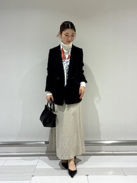 「UNTITLED（アンタイトル）の【洗える/ストレッチ性】ダブルブレストジャケット（Tailored jacket、ブラック系）」を使った、Rinさん（レディース・157cm）の春コーディネート