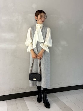 「UNTITLED（アンタイトル）の【セレモニー/華やか】2WAYボウタイブラウス（Shirts、ホワイト系）」を使った、Rinさん（レディース・157cm）の冬コーディネート