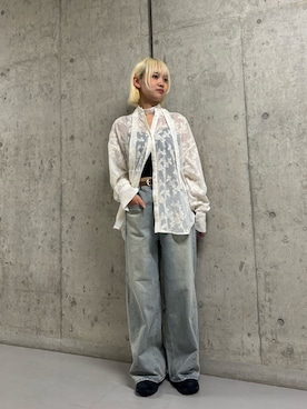 「KBF（ケイビーエフ）の『STAFF DESIGN PROJECT』エンブロイダリーボウタイシャツ（シャツ/ブラウス、ホワイト系）」を使った、リロさん（レディース・161cm）の春コーディネート