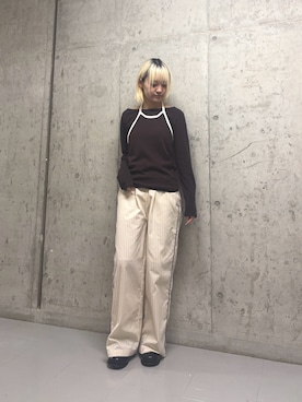 「KBF（ケイビーエフ）のバイカラービスチェSETトップス（Tシャツ/カットソー、ブラウン系）」を使った、リロさん（レディース・161cm）の冬コーディネート