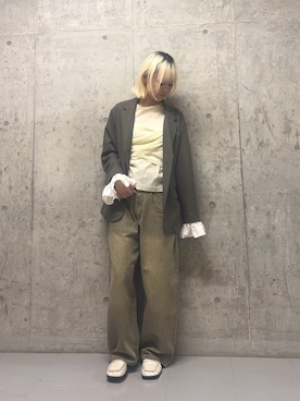 「KBF（ケイビーエフ）のフリルスリーブテーラードジャケット（その他アウター、グレー系）」を使った、リロさん（レディース・161cm）の春コーディネート