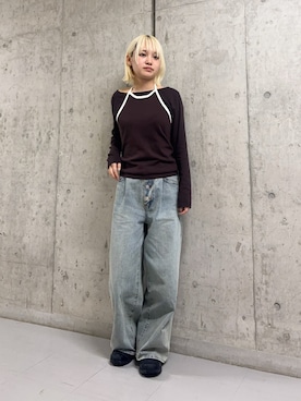 「KBF（ケイビーエフ）のバイカラービスチェSETトップス（Tシャツ/カットソー、ブラウン系）」を使った、リロさん（レディース・161cm）の春コーディネート