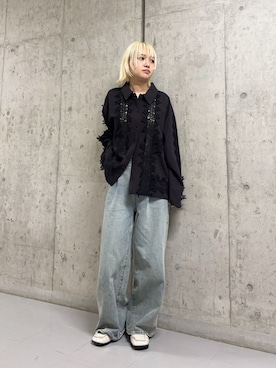 「KBF（ケイビーエフ）のヴィンテージライクレースシャツ（シャツ/ブラウス、ブラウン系）」を使った、リロさん（レディース・161cm）の春コーディネート