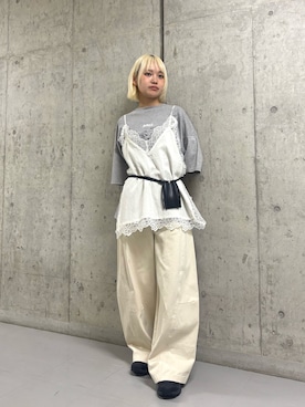 「KBF（ケイビーエフ）のオーバーサイズプリントTEE（Tシャツ/カットソー、グレー系）」を使った、リロさん（レディース・161cm）の春コーディネート