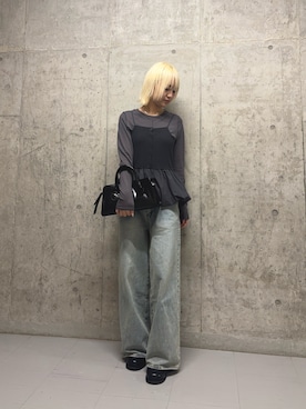 「KBF（ケイビーエフ）のバルーンビスチェSETトップス（Tシャツ/カットソー、グレー系）」を使った、リロさん（レディース・161cm）の春コーディネート