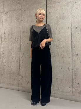 「KBF（ケイビーエフ）のブロッキングレースビスチェ（その他トップス、ブラック系）」を使った、リロさん（レディース・161cm）の夏コーディネート