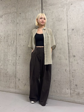 「KBF（ケイビーエフ）のシアーストライプBIGシャツ（シャツ/ブラウス、グリーン系）」を使った、リロさん（レディース・161cm）の春コーディネート