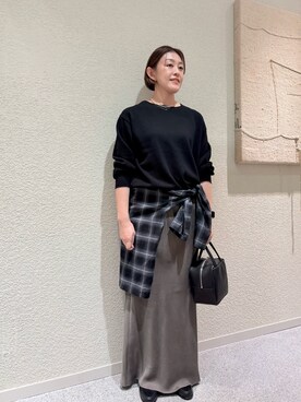 「かぐれ（カグレ）のドライコットンボートネックニット（ニット/セーター、ブラック系）」を使った、rikaさん（レディース・161cm）の秋コーディネート