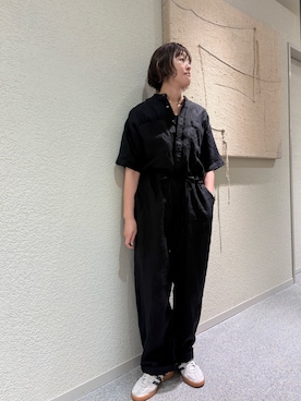 「かぐれ（カグレ）のリネンハーフスリーブオールインワン（つなぎ/オールインワン、ブラック系）」を使った、rikaさん（レディース・161cm）の春コーディネート