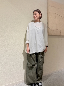 「かぐれ（カグレ）のコットンラミーワイドプルオーバー（シャツ/ブラウス、ホワイト系）」を使った、rikaさん（レディース・161cm）の夏コーディネート