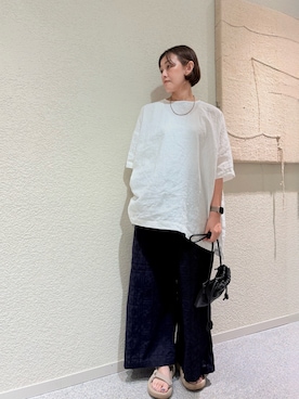 「かぐれ（カグレ）のリネンワイドプルオーバーシャツ（シャツ/ブラウス、ホワイト系）」を使った、rikaさん（レディース・161cm）の夏コーディネート