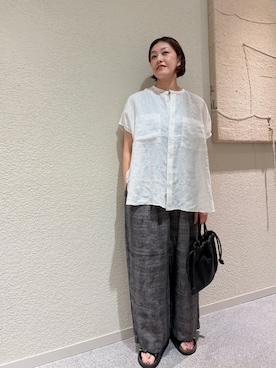 「かぐれ（カグレ）のリネンWポケットフレンチシャツ（シャツ/ブラウス、ホワイト系）」を使った、rikaさん（レディース・161cm）の夏コーディネート