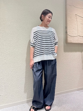 「かぐれ（カグレ）のシアーコットンボーダーボートネック（ニット/セーター、ホワイト系）」を使った、rikaさん（レディース・161cm）の夏コーディネート