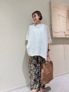 「かぐれ（カグレ）のリネンワイドプルオーバーシャツ（シャツ/ブラウス、ホワイト系）」を使った、rikaさん（レディース・161cm）の夏コーディネート