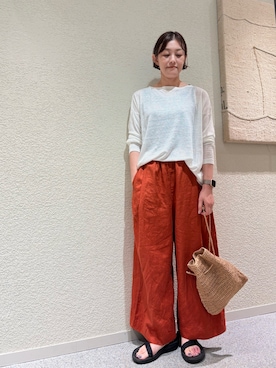 「かぐれ（カグレ）のリネンボートネックカットソー（T Shirts、ホワイト系）」を使った、rikaさん（レディース・161cm）の夏コーディネート