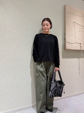 「かぐれ（カグレ）のドライコットンボートネックニット（ニット/セーター、ブラック系）」を使った、rikaさん（レディース・161cm）の秋コーディネート