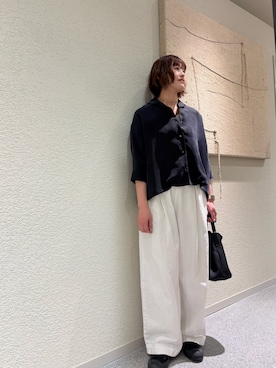 「かぐれ（カグレ）のキュプラオープンカラーシャツ（シャツ/ブラウス、ブルー系）」を使った、rikaさん（レディース・161cm）の春コーディネート