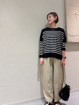 「かぐれ（カグレ）のシアーコットンボーダーボートネック（ニット/セーター、ブラック系）」を使った、rikaさん（レディース・161cm）の夏コーディネート