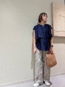 「かぐれ（カグレ）のワイドギャザーダブルブラウス（シャツ/ブラウス、ブルー系）」を使った、rikaさん（レディース・161cm）の夏コーディネート
