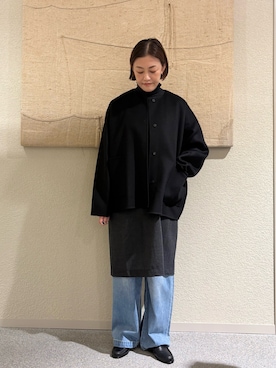 「かぐれ（カグレ）のウールノーカラージャケット（ノーカラージャケット、ブラック系）」を使った、rikaさん（レディース・161cm）の秋コーディネート