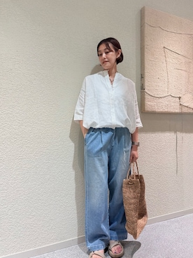 「かぐれ（カグレ）のリネンハーフスリーブシャツ（シャツ/ブラウス、ホワイト系）」を使った、rikaさん（レディース・161cm）の夏コーディネート