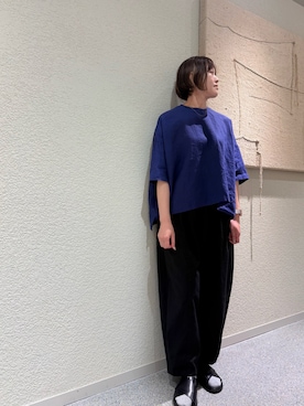 「かぐれ（カグレ）のリネンクルーネック半袖シャツ（シャツ/ブラウス、ブルー系）」を使った、rikaさん（レディース・161cm）の春コーディネート