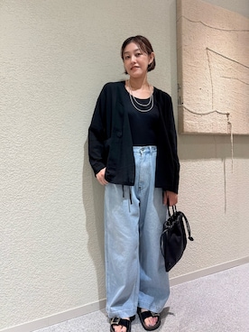 「かぐれ（カグレ）のシアーカシュクールカーデシャツ（シャツ/ブラウス、ブラック系）」を使った、rikaさん（レディース・161cm）の夏コーディネート