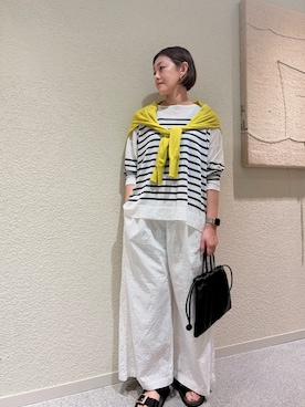 「かぐれ（カグレ）のコットンエアリーカーディガン（カーディガン/ボレロ、イエロー系）」を使った、rikaさん（レディース・161cm）の夏コーディネート