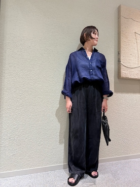 「かぐれ（カグレ）のラミーワイドシアーシャツ（Shirts、ブルー系）」を使った、rikaさん（レディース・161cm）の夏コーディネート