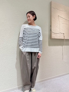 「かぐれ（カグレ）のシアーコットンボーダーボートネック（ニット/セーター、ホワイト系）」を使った、rikaさん（レディース・161cm）の秋コーディネート