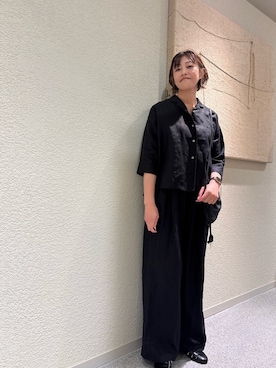 「かぐれ（カグレ）のリネン半袖オープンカラーシャツ（シャツ/ブラウス、ブラック系）」を使った、rikaさん（レディース・161cm）の春コーディネート