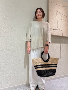 「かぐれ（カグレ）のリネン半袖クルーネックニット（ニット/セーター、ベージュ系）」を使った、rikaさん（レディース・161cm）の夏コーディネート