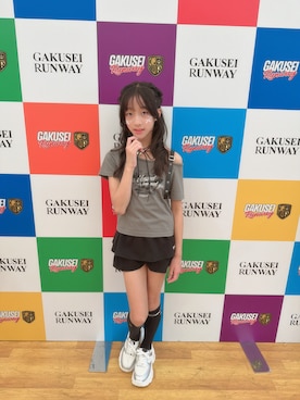 「ANAP GｉRL（アナップガール）のエンジェル プリント ハトメ テープ ワンショル トップス（Tシャツ/カットソー、ブラック系）」を使った、yurimari1118さん（キッズ・140cm）の夏コーディネート