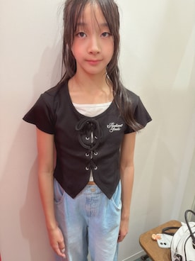 「algy（アルジー）のレースアップドッキング半袖Tシャツ（Tシャツ/カットソー、ブラック系）」を使った、yurimari1118さん（キッズ・140cm）の夏コーディネート
