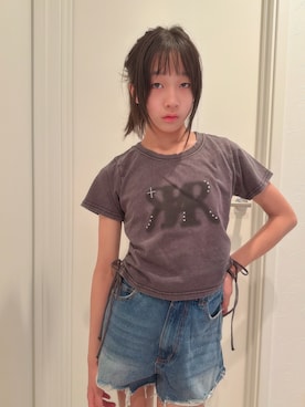 「repipi armario（レピピ アルマリオ）のtwinRサイドシャーリングTシャツ（Tシャツ/カットソー、ブラック系）」を使った、yurimari1118さん（キッズ・140cm）の春コーディネート