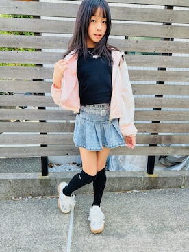 「ANAP GｉRL（アナップガール）のクロップド シャカブルゾン（ブルゾン、ピンク系）」を使った、yurimari1118さん（キッズ・140cm）の春コーディネート