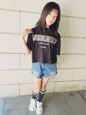 「ANAP GｉRL（アナップガール）のレオパード柄 肩アキテープ トップス（Tシャツ/カットソー、ブラック系）」を使った、yurimari1118さん（キッズ・140cm）の夏コーディネート
